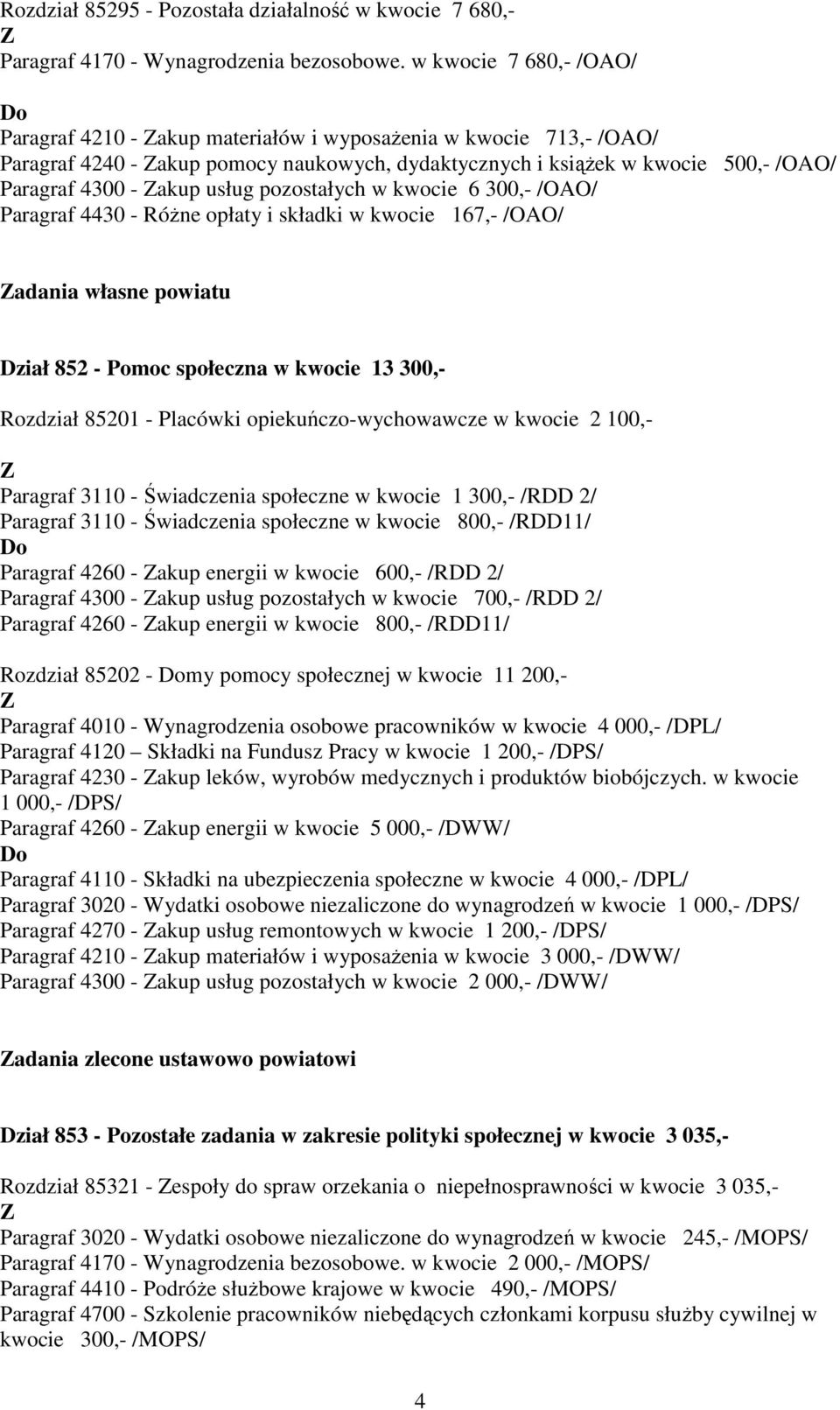 usług pozostałych w kwocie 6 300,- /OAO/ Paragraf 4430 - RóŜne opłaty i składki w kwocie 167,- /OAO/ adania własne powiatu Dział 852 - Pomoc społeczna w kwocie 13 300,- Rozdział 85201 - Placówki