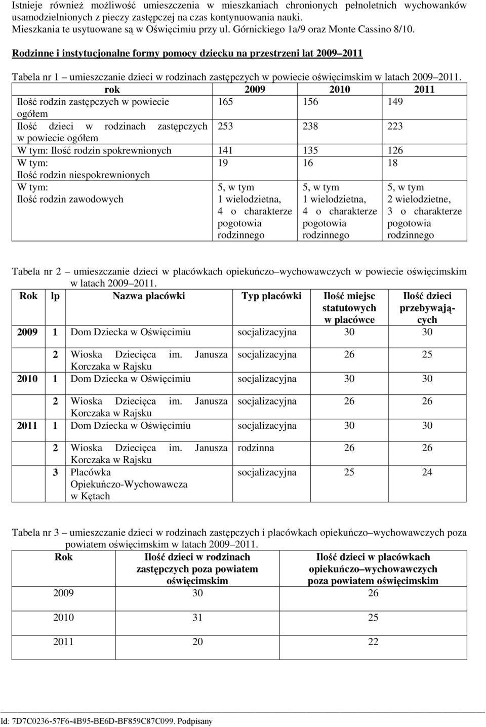 Rodzinne i instytucjonalne formy pomocy dziecku na przestrzeni lat 2009 2011 Tabela nr 1 umieszczanie dzieci rodzinach zastępczych poiecie ośięcimskim latach 2009 2011.