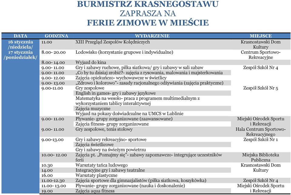 00 Gry i zabawy ruchowe, piłka siatkowa/ gry i zabawy w sali zabaw Zespół Szkół Nr 4 9.00-11.00 Co by tu dzisiaj zrobić?- zajęcia z rysowania, malowania i majsterkowania 9.00-12.