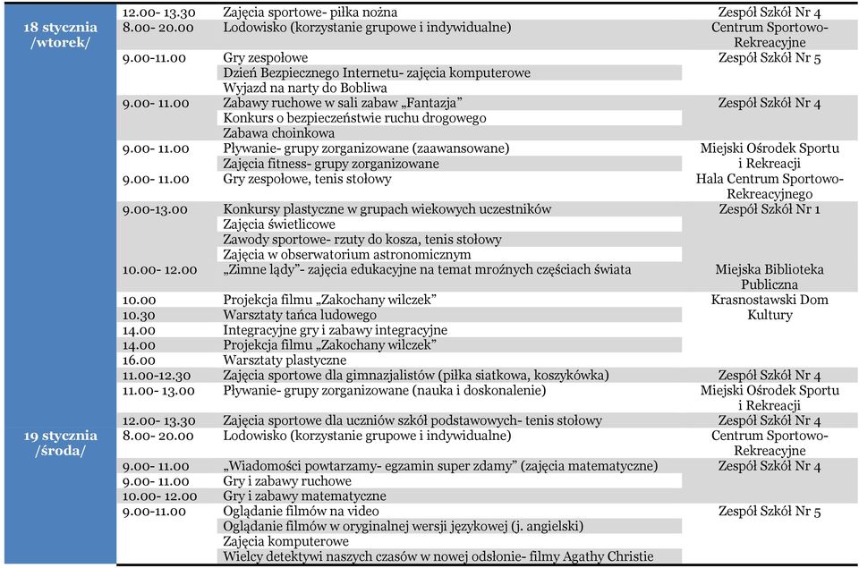 00 Zabawy ruchowe w sali zabaw Fantazja Zespół Szkół Nr 4 Konkurs o bezpieczeństwie ruchu drogowego Zabawa choinkowa 9.00-13.