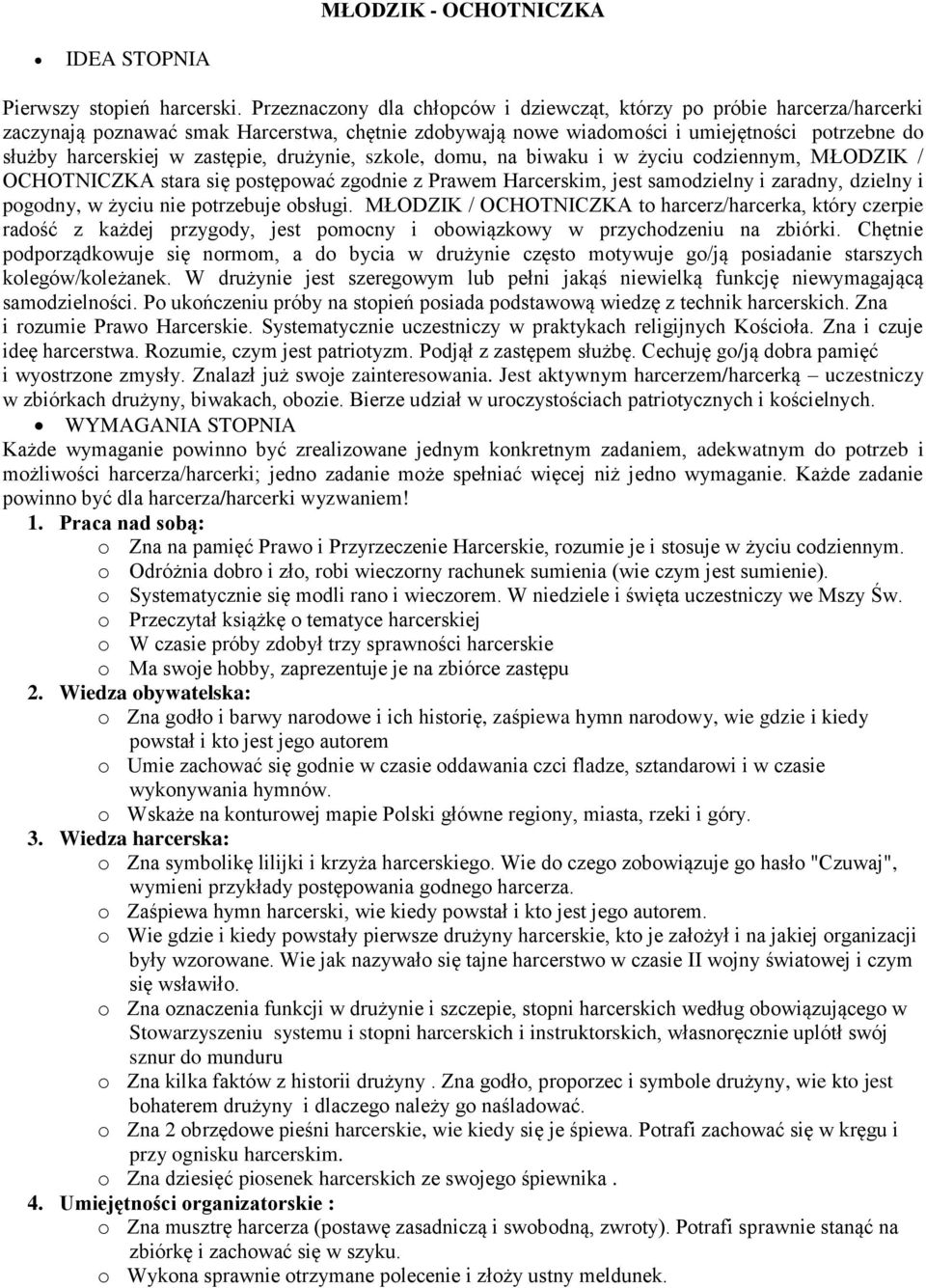 zastępie, drużynie, szkole, domu, na biwaku i w życiu codziennym, MŁODZIK / OCHOTNICZKA stara się postępować zgodnie z Prawem Harcerskim, jest samodzielny i zaradny, dzielny i pogodny, w życiu nie