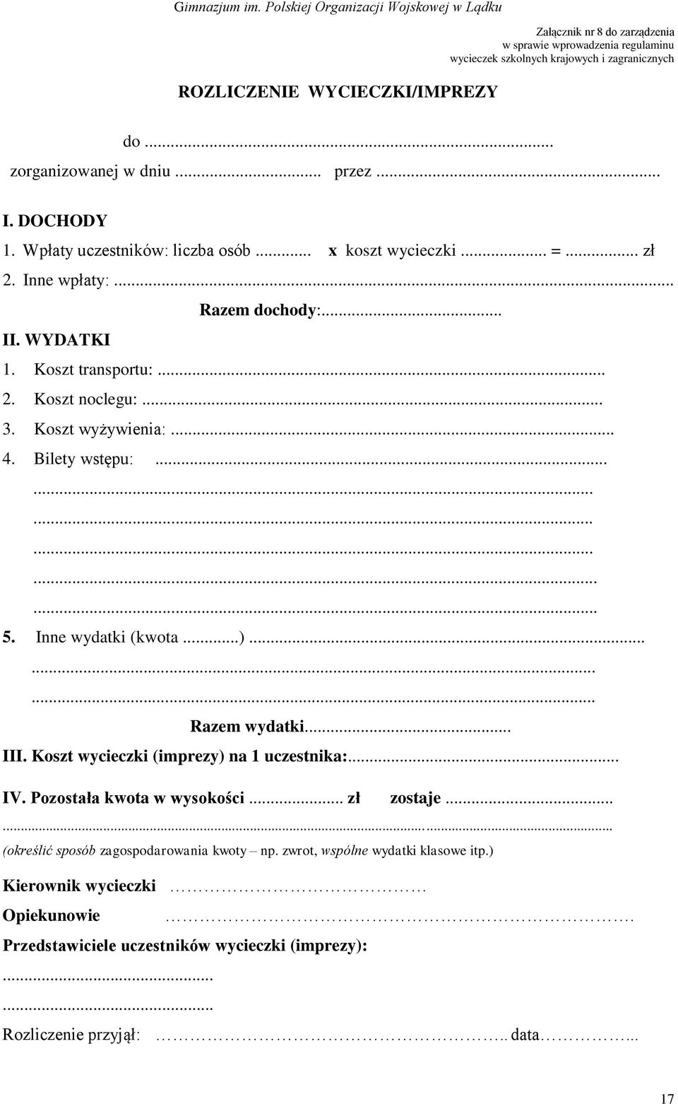 Bilety wstępu:.................. 5. Inne wydatki (kwota...)......... Razem wydatki... III. Koszt wycieczki (imprezy) na 1 uczestnika:... IV. Pozostała kwota w wysokości... zł zostaje.