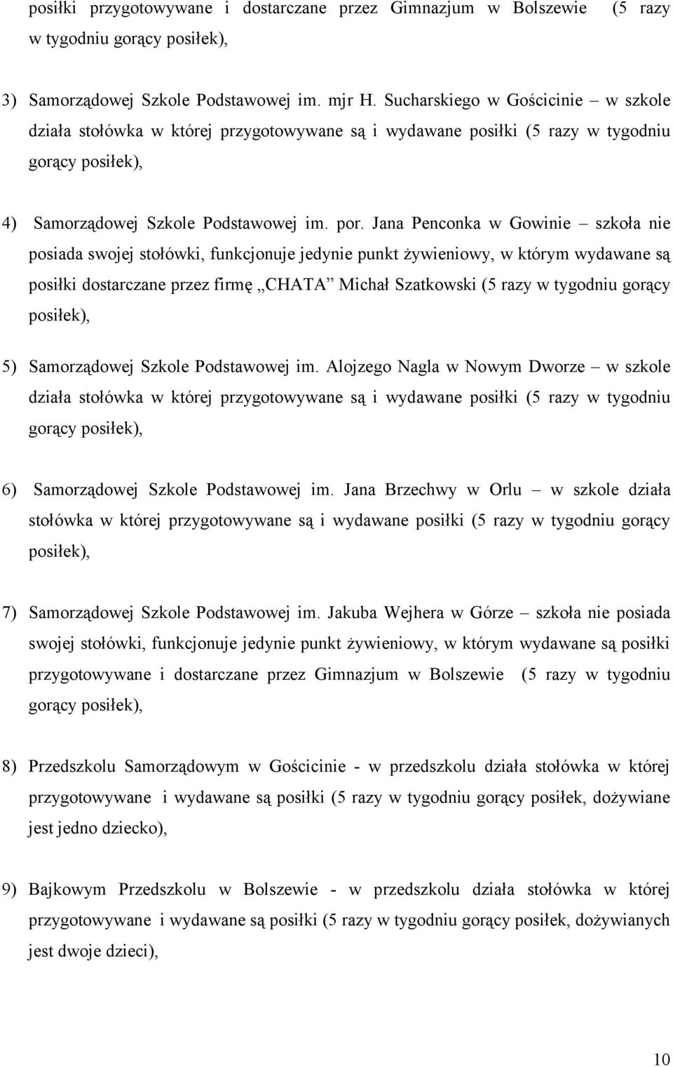 Jana Penconka w Gowinie szkoła nie posiada swojej stołówki, funkcjonuje jedynie punkt żywieniowy, w którym wydawane są posiłki dostarczane przez firmę CHATA Michał Szatkowski (5 razy w tygodniu