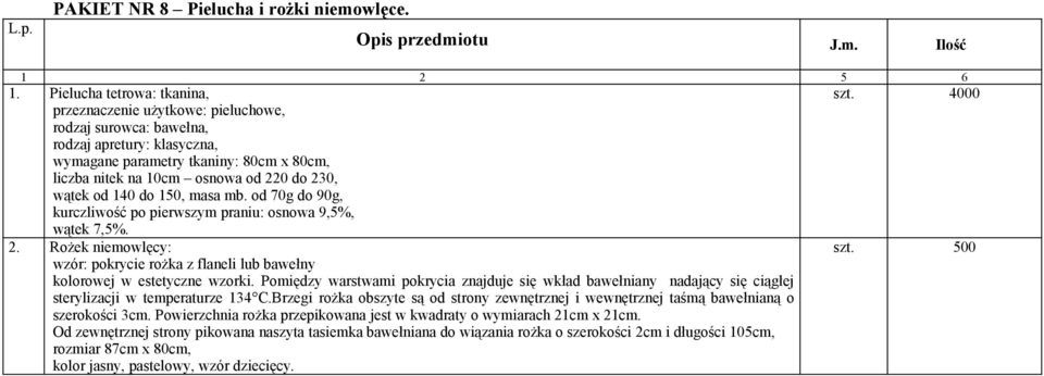 masa mb. od 70g do 90g, kurczliwość po pierwszym praniu: osnowa 9,5%, wątek 7,5%. 2. Rożek niemowlęcy: wzór: pokrycie rożka z flaneli lub bawełny kolorowej w estetyczne wzorki.