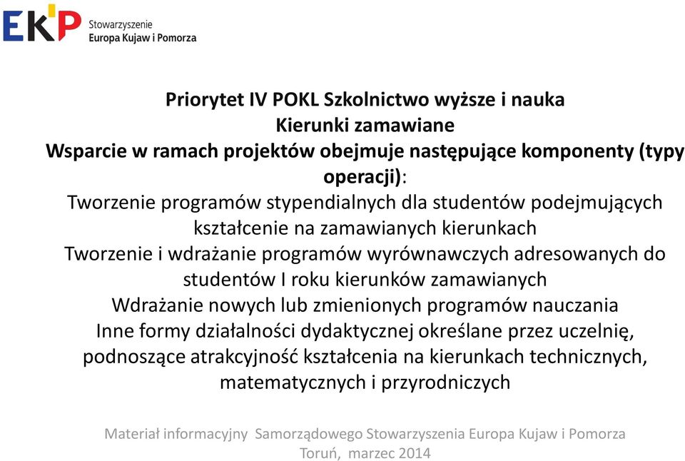 do studentów I roku kierunków zamawianych Wdrażanie nowych lub zmienionych programów nauczania Inne formy działalności