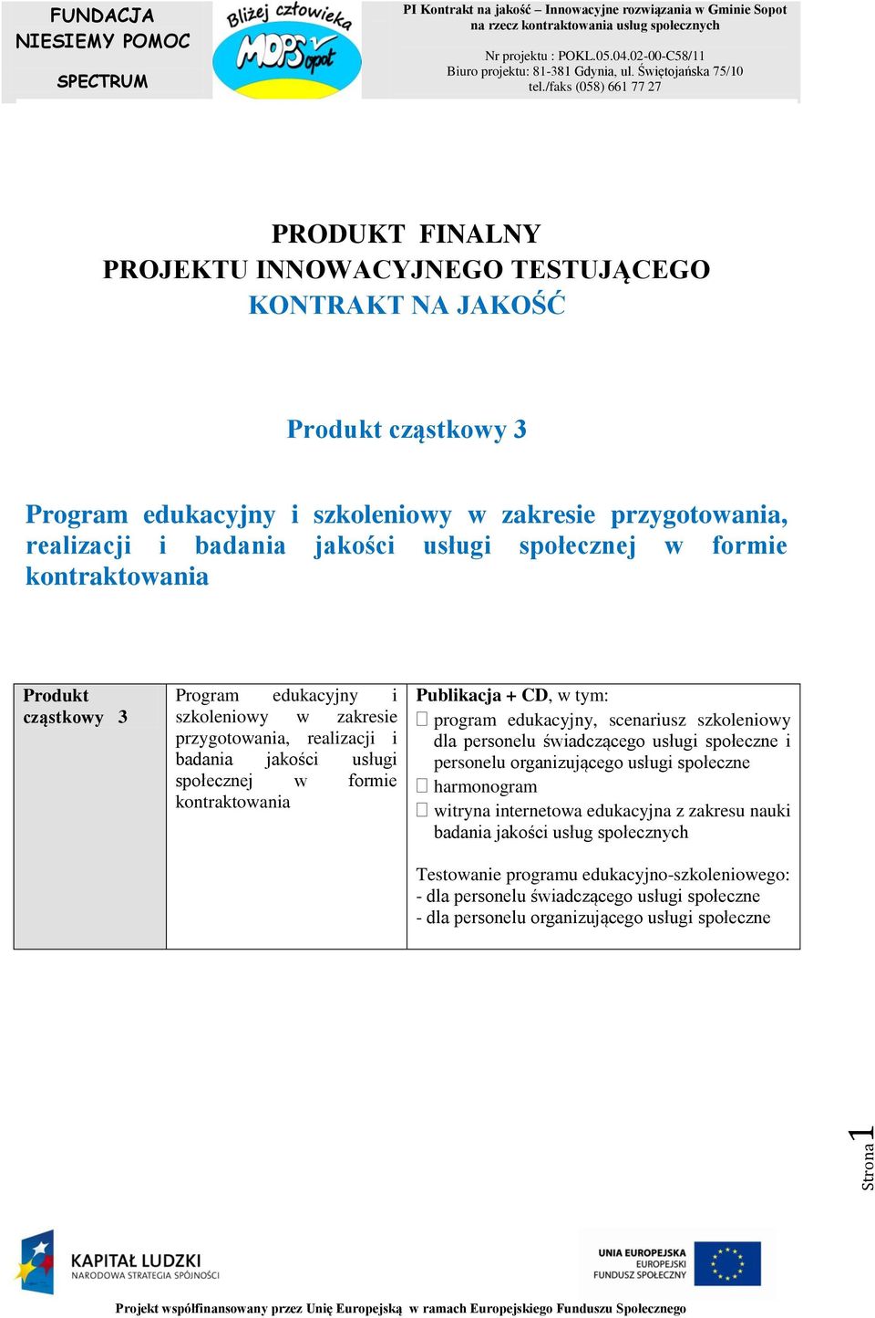 Publikacja + CD, w tym: program edukacyjny, scenariusz szkoleniowy dla personelu świadczącego usługi społeczne i personelu organizującego usługi społeczne harmonogram witryna internetowa