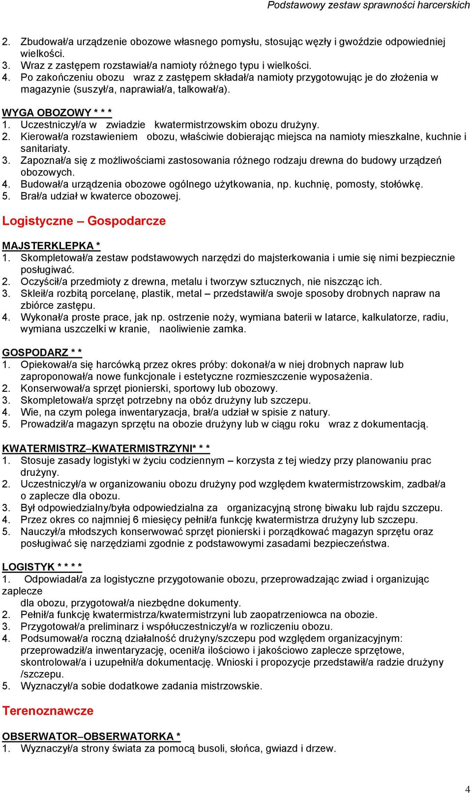 Uczestniczył/a w zwiadzie kwatermistrzowskim obozu drużyny. 2. Kierował/a rozstawieniem obozu, właściwie dobierając miejsca na namioty mieszkalne, kuchnie i sanitariaty. 3.
