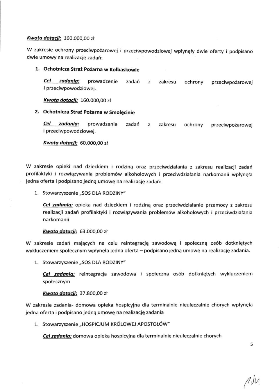 Ochotnicza Straż Pożarna w Smolęcinie Cel zadania: prowadzenie zadań z zakresu ochrony przeciwpożarowej i przeciwpowodziowej. Kwota dotacji: 60.