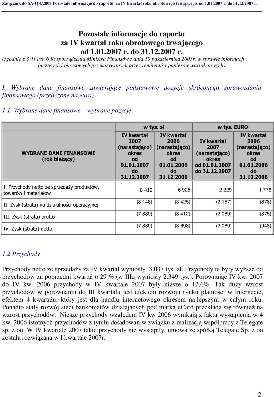 Wybrane dane finansowe zawierające podstawowe pozycje skróconego sprawozdania finansowego (przeliczone na euro) 1.1. Wybrane dane finansowe wybrane pozycje.