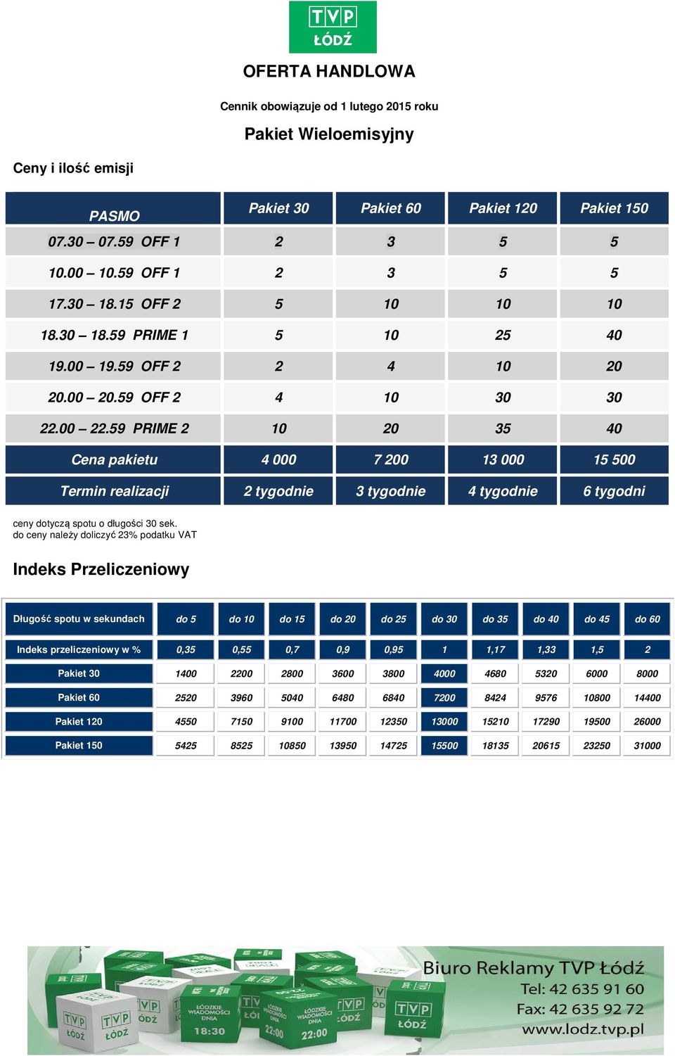 59 PRIME 2 10 20 35 40 Cena pakietu 4 000 7 200 13 000 15 500 Termin realizacji 2 tygodnie 3 tygodnie 4 tygodnie 6 tygodni ceny dotyczą spotu o długości 30 sek.