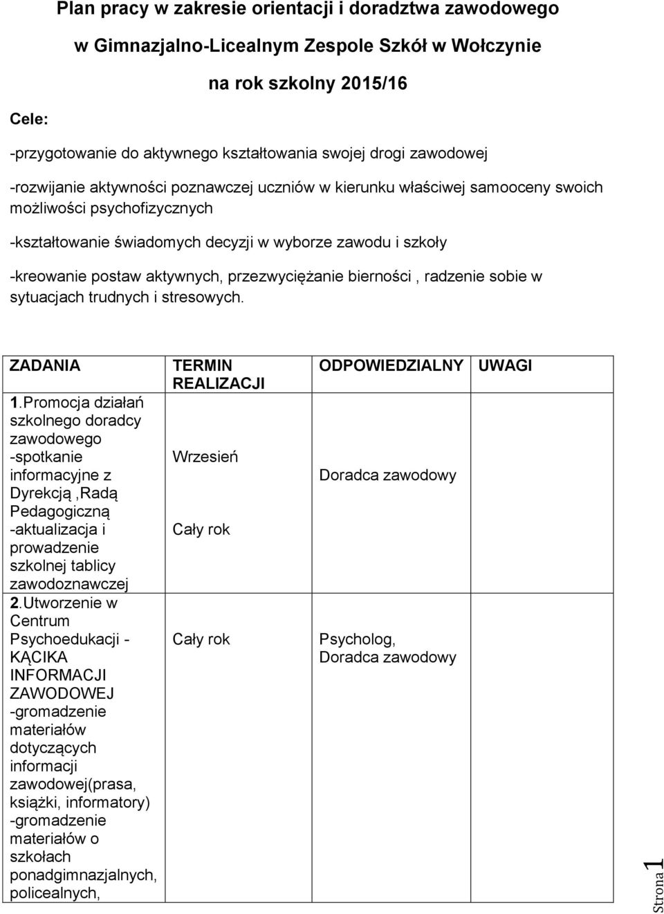 aktywnych, przezwyciężanie bierności, radzenie sobie w sytuacjach trudnych i stresowych. ZADANIA 1.