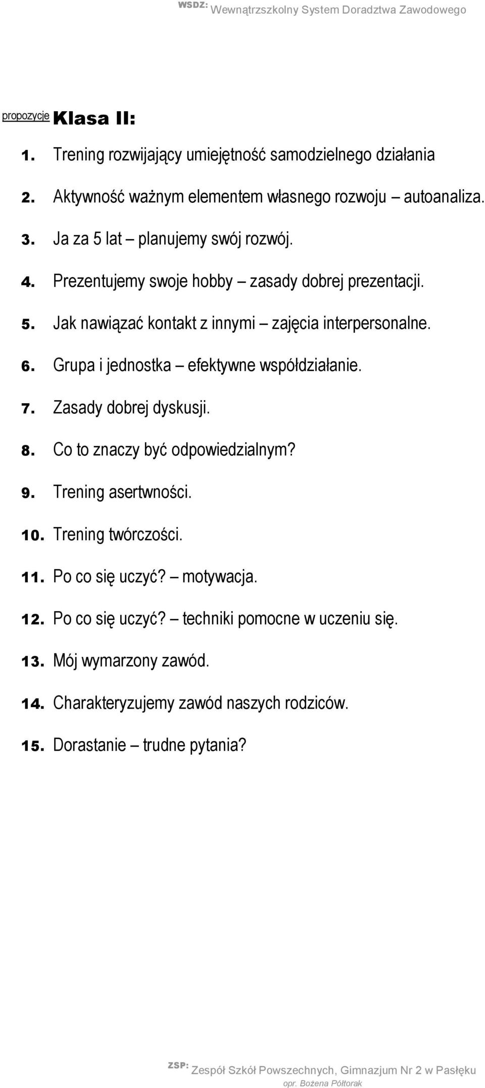 Grupa i jednostka efektywne współdziałanie. 7. Zasady dobrej dyskusji. 8. Co to znaczy być odpowiedzialnym? 9. Trening asertwności. 10. Trening twórczości. 11.