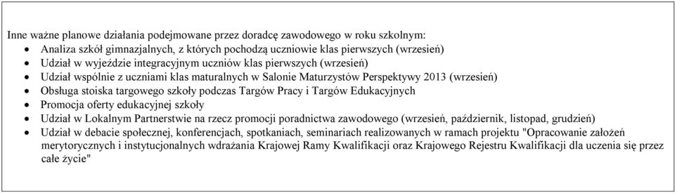 Targów Edukacyjnych Promocja oferty edukacyjnej szkoły Udział w Lokalnym Partnerstwie na rzecz promocji poradnictwa zawodowego (wrzesień, październik, listopad, grudzień) Udział w debacie społecznej,