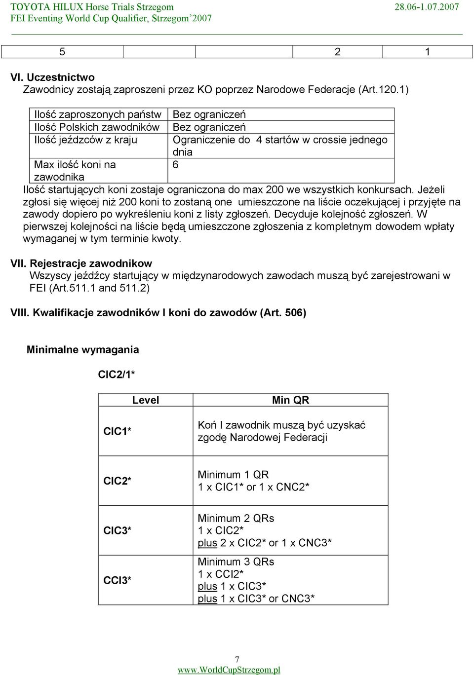 startujących koni zostaje ograniczona do max 200 we wszystkich konkursach.