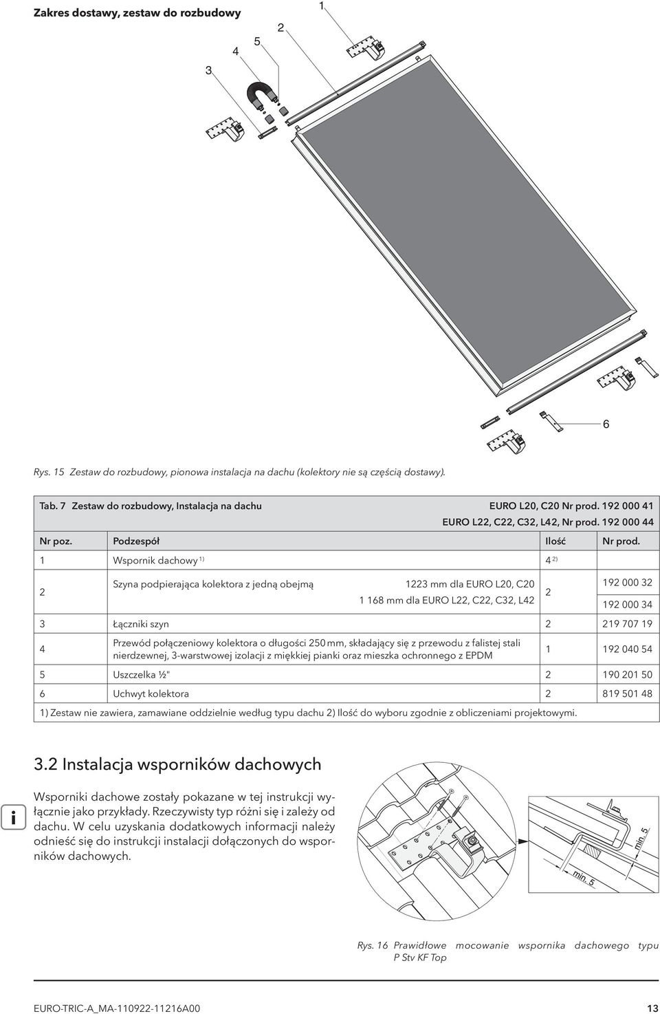 1 Wspornik dachowy 1) 4 ) Szyna podpierająca kolektora z jedną obejmą 13 mm dla EURO L0, C0 1 168 mm dla EURO L, C, C3, L4 19 000 3 19 000 34 3 Łączniki szyn 19 707 19 4 Przewód połączeniowy