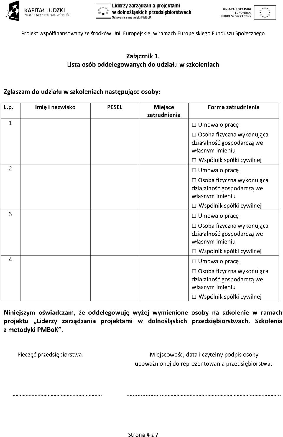 Imię i nazwisko PESEL Miejsce zatrudnienia Forma zatrudnienia 1 Umowa o pracę 2 Umowa o pracę 3 Umowa o pracę 4 Umowa o pracę Niniejszym