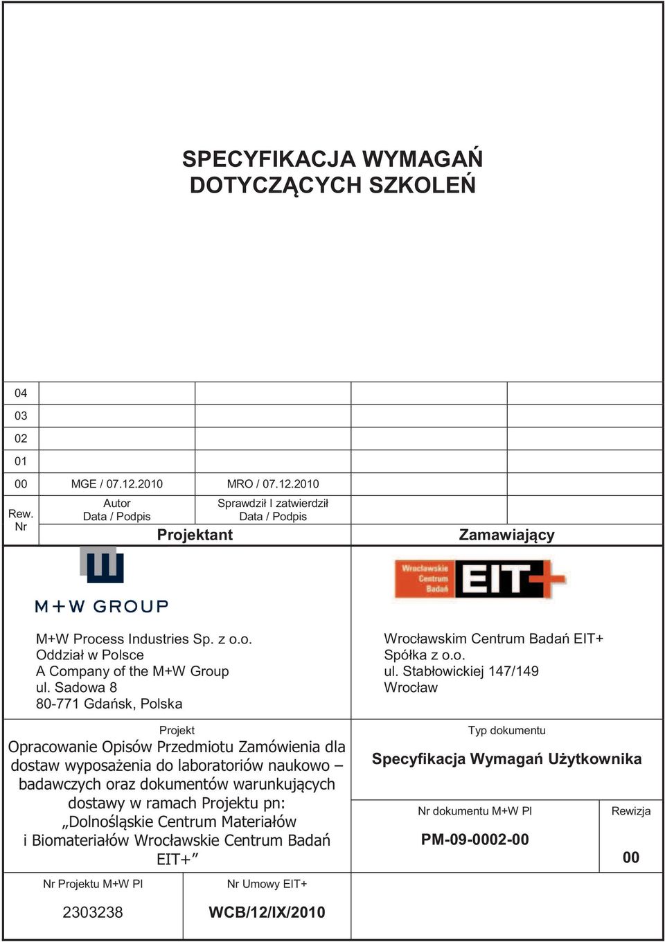 Sadowa 8 80-771 Gdańsk, Polska Projekt Opracowanie Opisów Przedmiotu Zamówienia dla dostaw wyposażenia do laboratoriów naukowo badawczych oraz dokumentów warunkujących dostawy w ramach