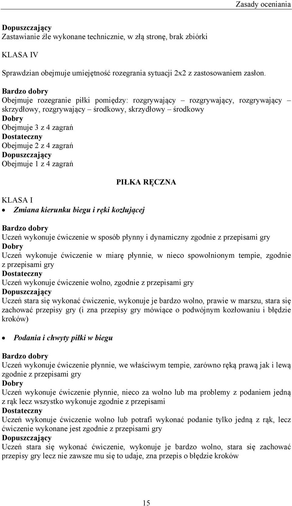 KLASA I Zmiana kierunku biegu i ręki kozłującej PIŁKA RĘCZNA Uczeń wykonuje ćwiczenie w sposób płynny i dynamiczny zgodnie z przepisami gry Uczeń wykonuje ćwiczenie w miarę płynnie, w nieco