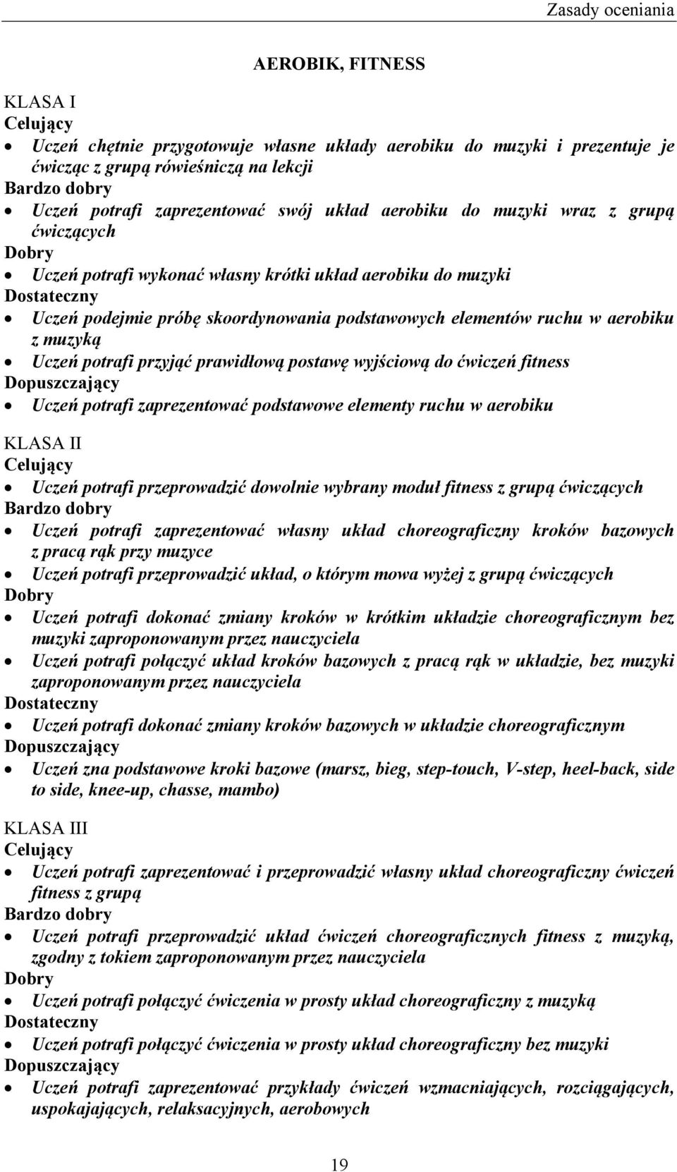 prawidłową postawę wyjściową do ćwiczeń fitness Uczeń potrafi zaprezentować podstawowe elementy ruchu w aerobiku KLASA II Celujący Uczeń potrafi przeprowadzić dowolnie wybrany moduł fitness z grupą