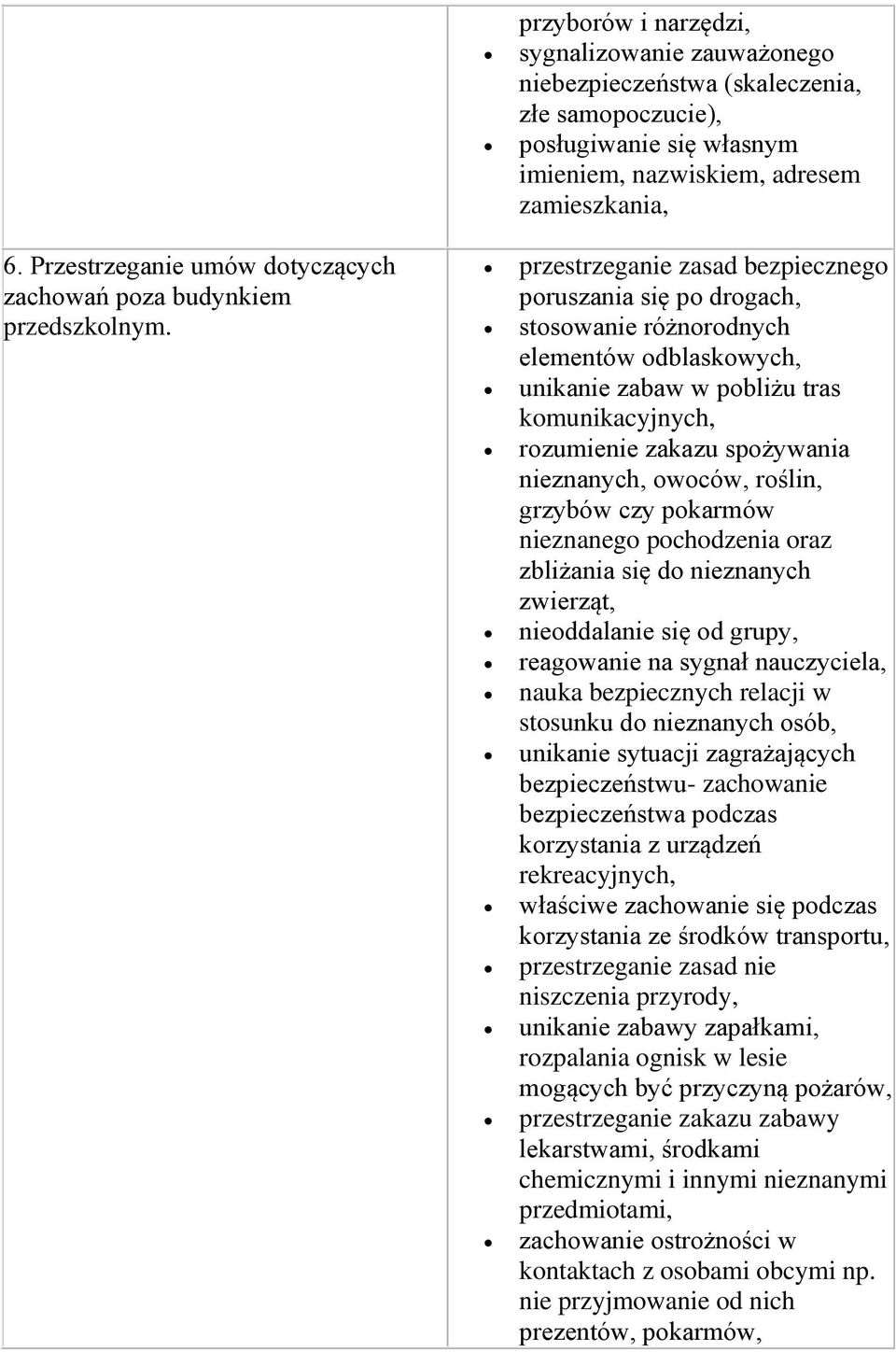 bezpiecznego poruszania się po drogach, stosowanie różnorodnych elementów odblaskowych, unikanie zabaw w pobliżu tras komunikacyjnych, rozumienie zakazu spożywania nieznanych, owoców, roślin, grzybów