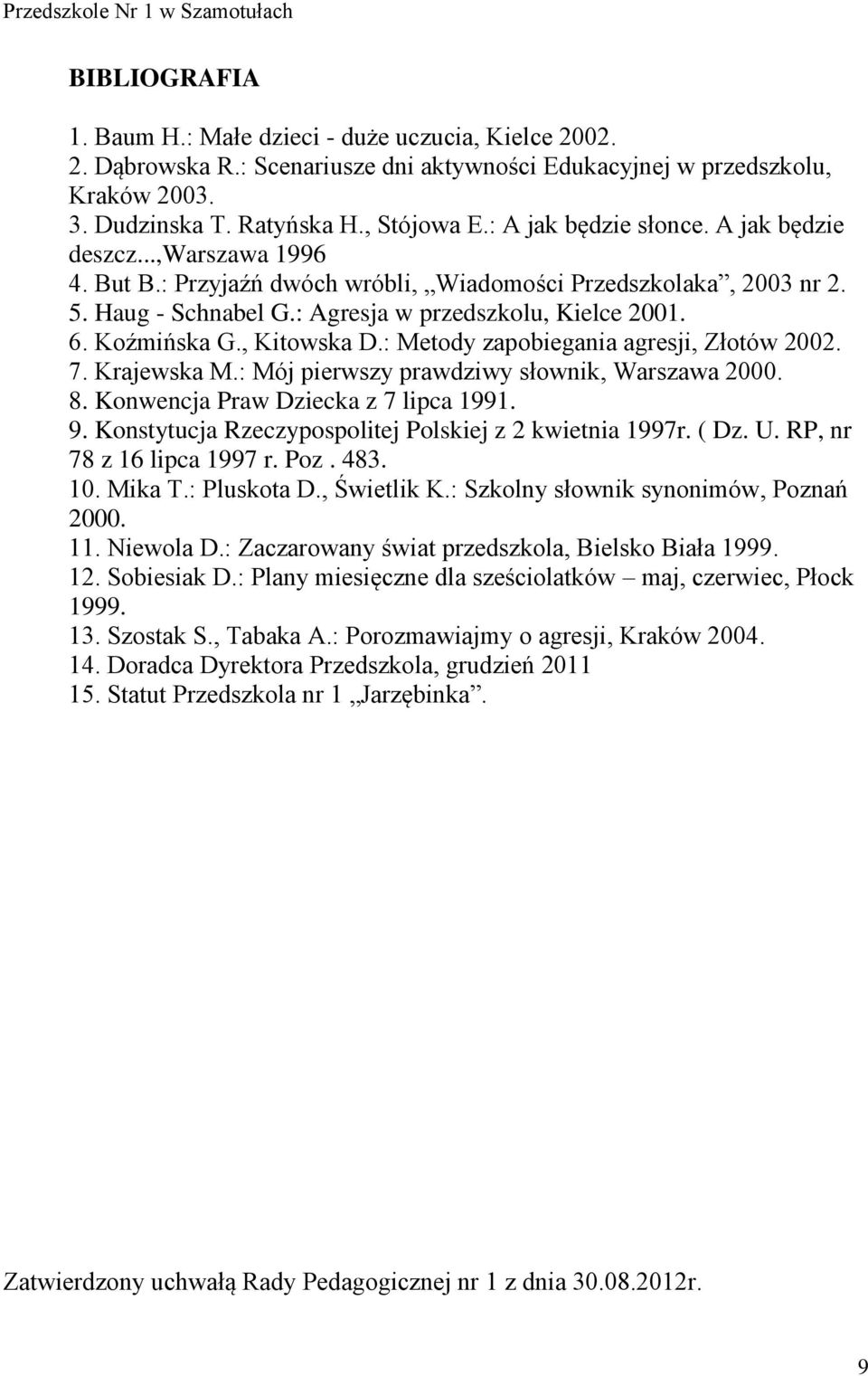 Koźmińska G., Kitowska D.: Metody zapobiegania agresji, Złotów 2002. 7. Krajewska M.: Mój pierwszy prawdziwy słownik, Warszawa 2000. 8. Konwencja Praw Dziecka z 7 lipca 1991. 9.