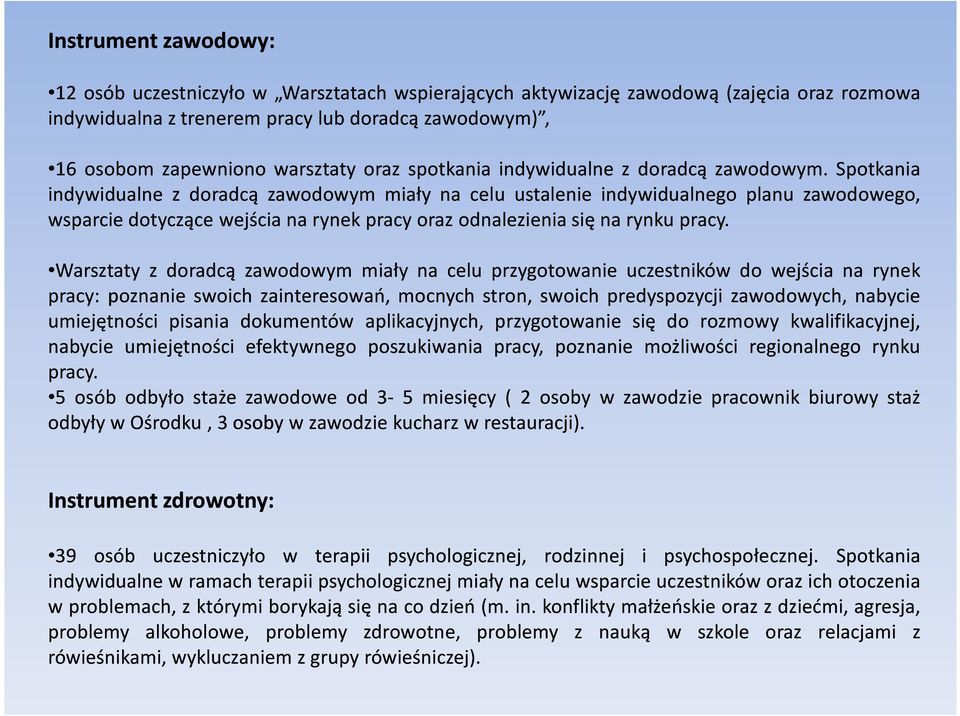 Spotkania indywidualne z doradcą zawodowym miały na celu ustalenie indywidualnego planu zawodowego, wsparcie dotyczące wejścia na rynek pracy oraz odnalezienia sięna rynku pracy.