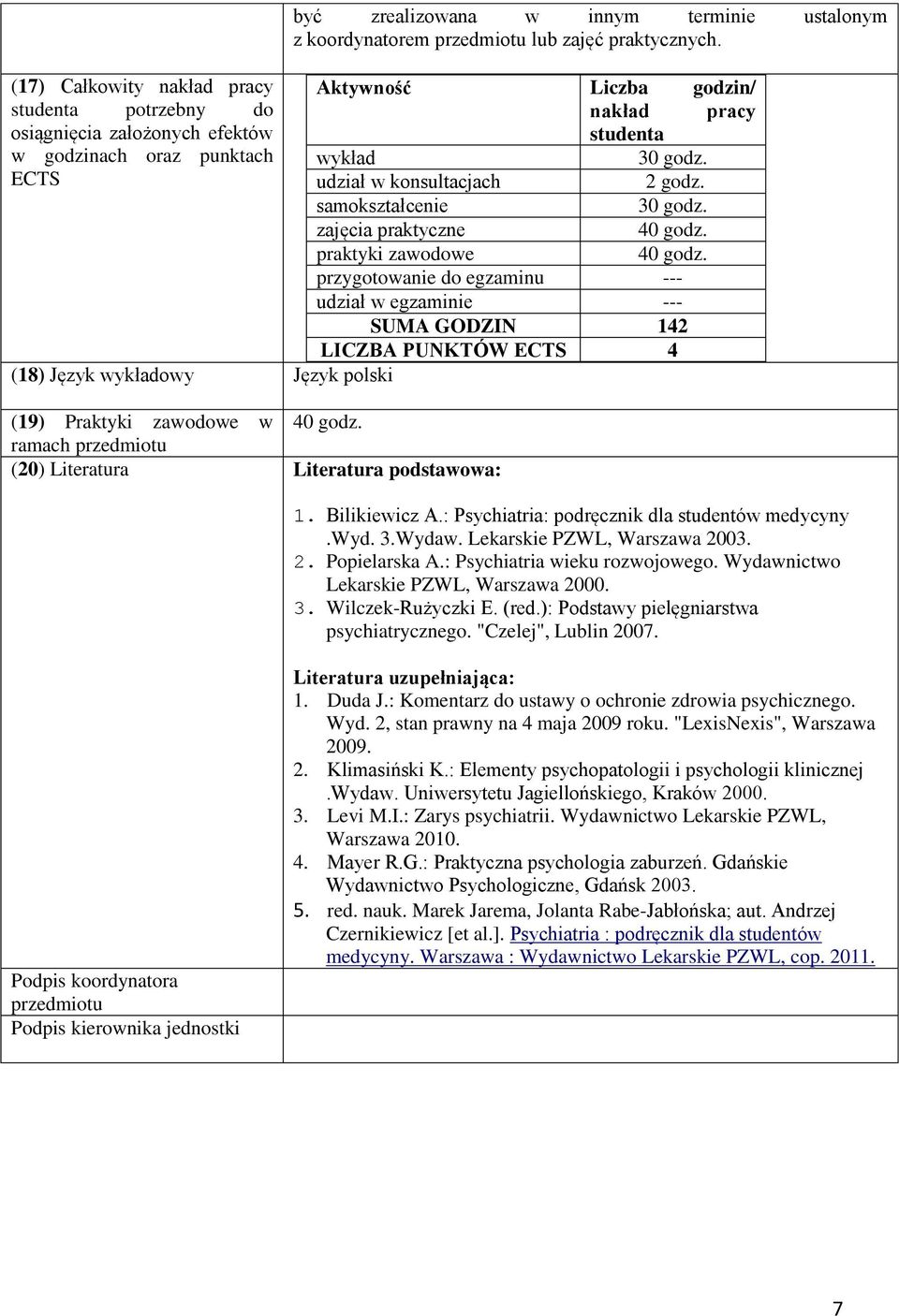 ECTS udział w konsultacjach 2 godz. samokształcenie 30 godz. zajęcia praktyczne 40 godz. praktyki zawodowe 40 godz.