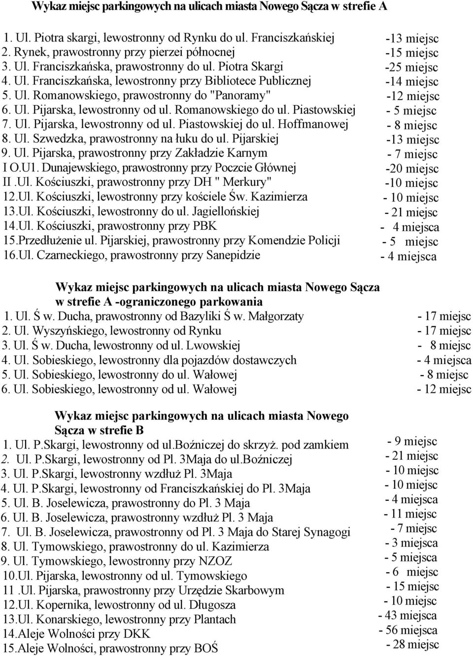 Ul. Pijarska, lewostronny od ul. Piastowskiej do ul. Hoffmanowej 8. Ul. Szwedzka, prawostronny na łuku do ul. Pijarskiej 9. Ul. Pijarska, prawostronny przy Zakładzie Karnym I O.U1.