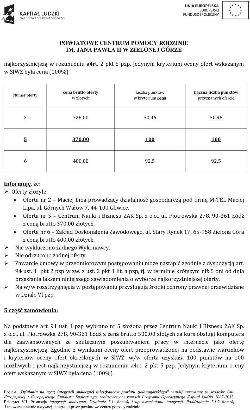 Górnych Wałów 7, 44-100 Gliwice. z ceną brutto 370,00 złotych. Oferta nr 6 Zakład Doskonalenia Zawodowego, ul. Stary Rynek 17, 65-958 Zielona Góra z ceną brutto 400,00 złotych.