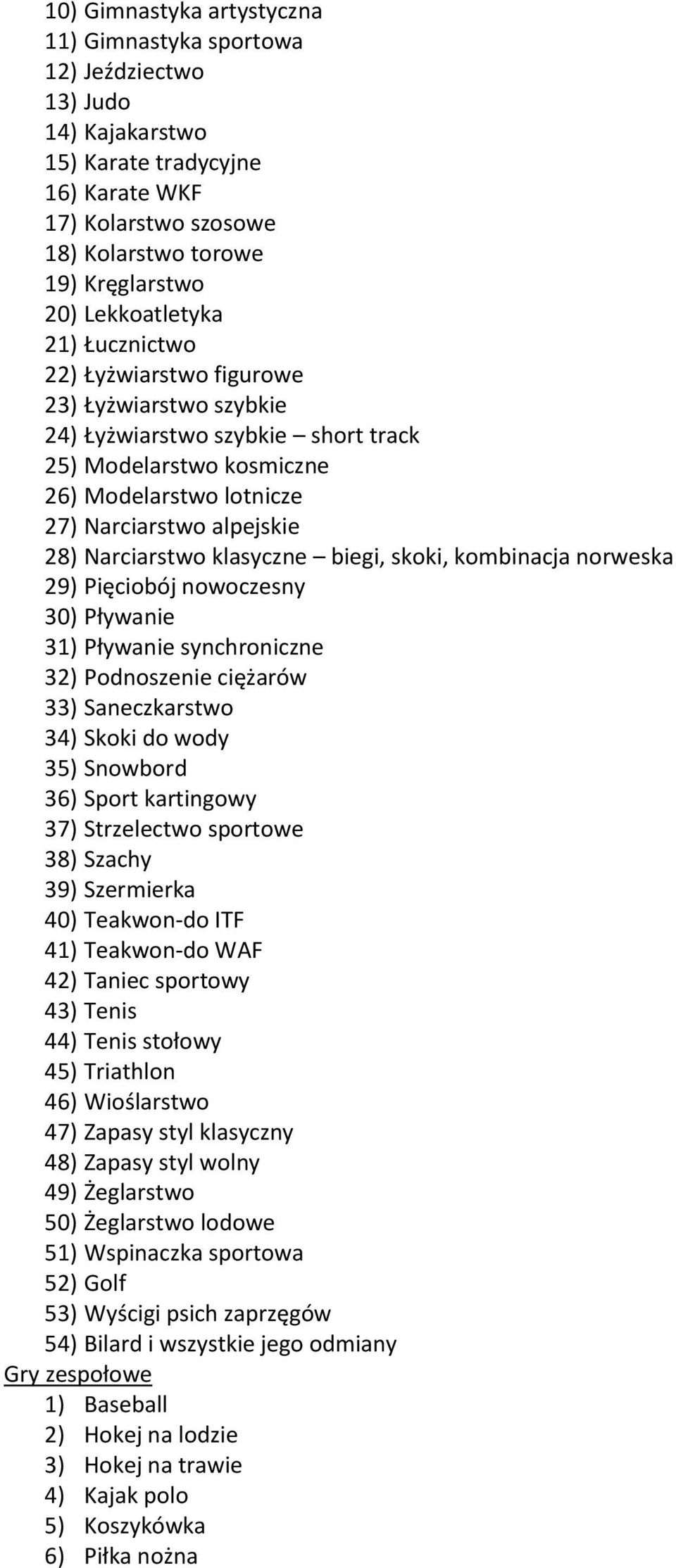 Narciarstwo klasyczne biegi, skoki, kombinacja norweska 29) Pięciobój nowoczesny 30) Pływanie 31) Pływanie synchroniczne 32) Podnoszenie ciężarów 33) Saneczkarstwo 34) Skoki do wody 35) Snowbord 36)