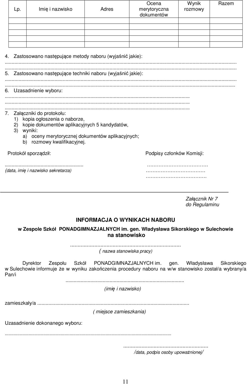 Załączniki do protokołu: 1) kopia ogłoszenia o naborze, 2) kopie dokumentów aplikacyjnych 5 kandydatów, 3) wyniki: a) oceny merytorycznej dokumentów aplikacyjnych; b) rozmowy kwalifikacyjnej.