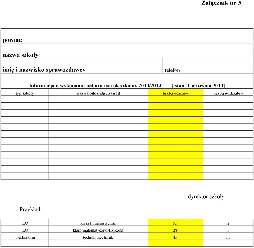 oddziału / zawód liczba uczniów liczba oddziałów Przykład: dyrektor szkoły LO klasa