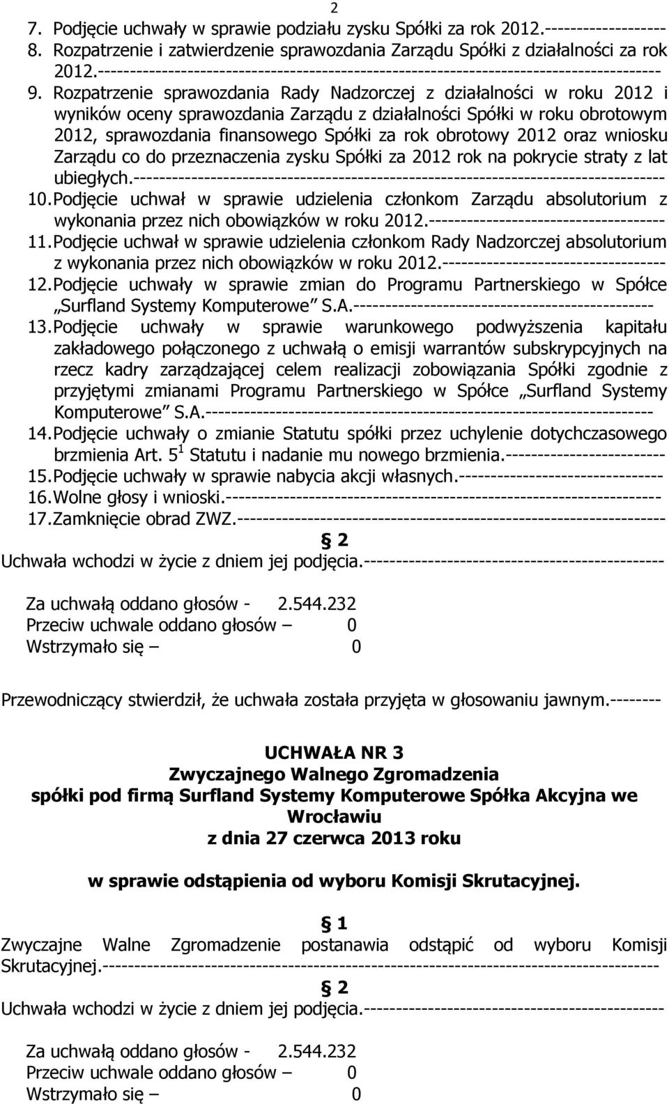 Rozpatrzenie sprawozdania Rady Nadzorczej z działalności w roku 2012 i wyników oceny sprawozdania Zarządu z działalności Spółki w roku obrotowym 2012, sprawozdania finansowego Spółki za rok obrotowy