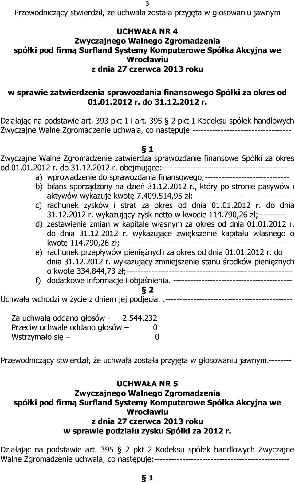 395 pkt 1 Kodeksu spółek handlowych Zwyczajne Walne Zgromadzenie uchwala, co następuje:----------------------------------- Zwyczajne Walne Zgromadzenie zatwierdza sprawozdanie finansowe Spółki za