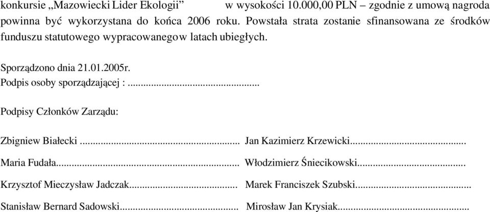 Podpis osoby sporządzającej :... Podpisy Członków Zarządu: Zbigniew Białecki... Jan Kazimierz Krzewicki... Maria Fudała.