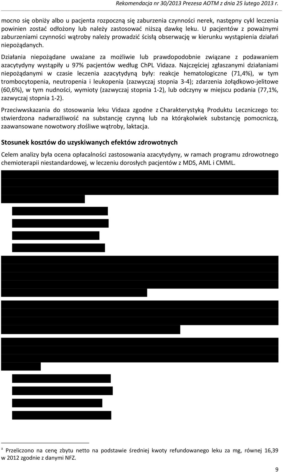 Działania niepożądane uważane za możliwie lub prawdopodobnie związane z podawaniem azacytydyny wystąpiły u 97% pacjentów według ChPL Vidaza.