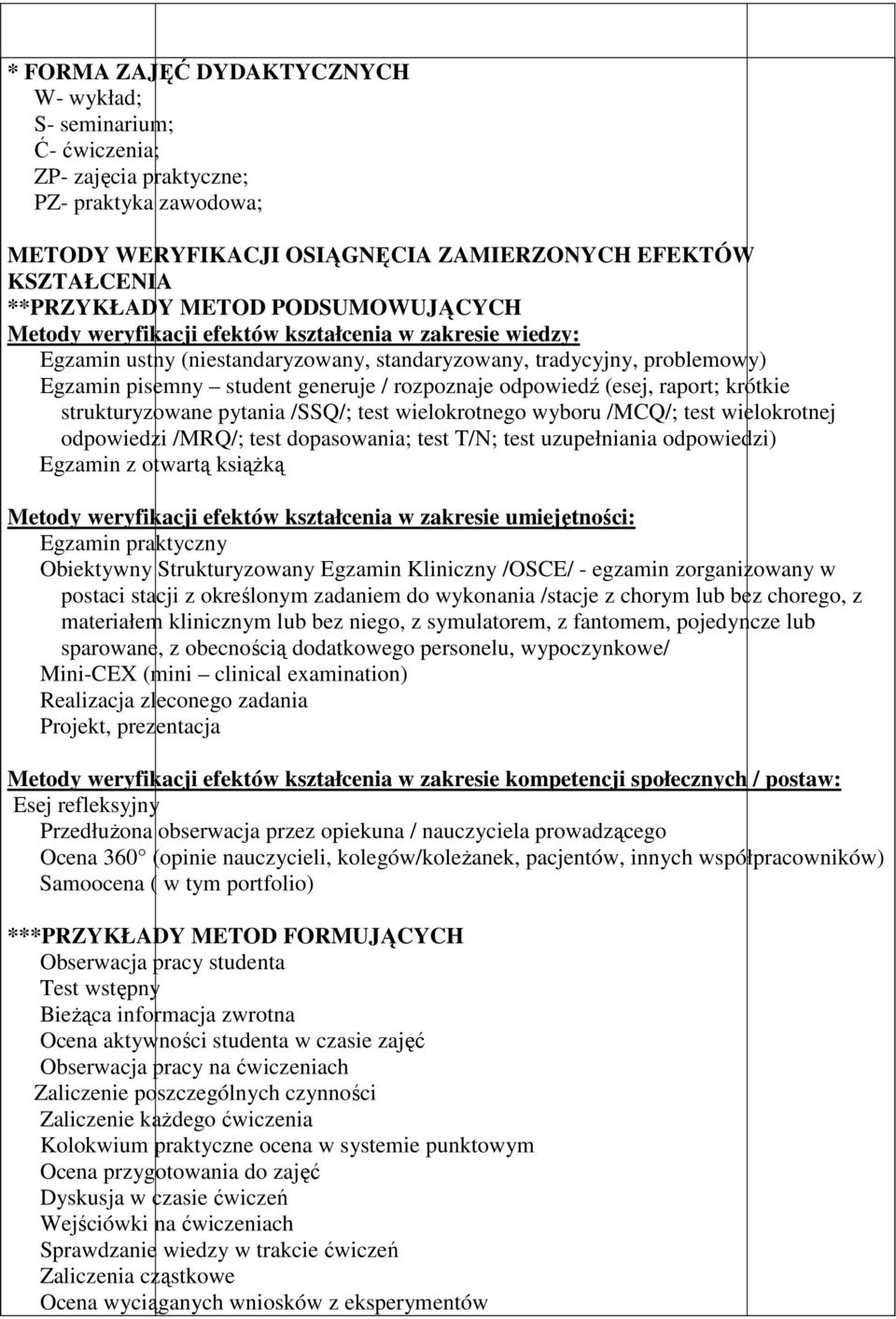 odpowiedź (esej, raport; krótkie strukturyzowane pytania /SSQ/; test wielokrotnego wyboru /MCQ/; test wielokrotnej odpowiedzi /MRQ/; test dopasowania; test T/N; test uzupełniania odpowiedzi) Egzamin