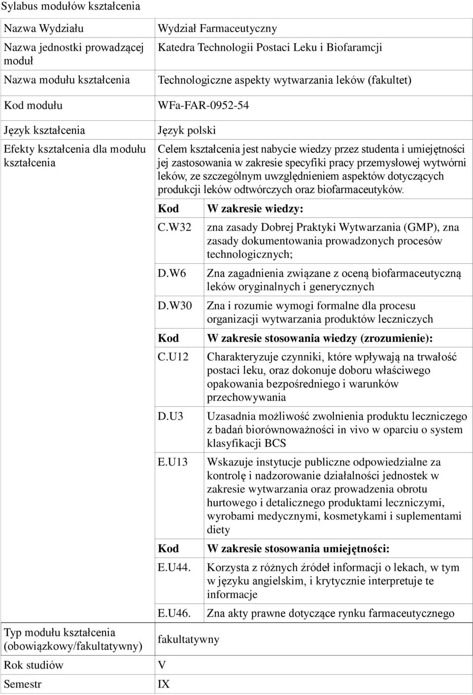 Celem kształcenia jest nabycie wiedzy przez studenta i umiejętności jej zastosowania w zakresie specyfiki pracy przemysłowej wytwórni leków, ze szczególnym uwzględnieniem aspektów dotyczących