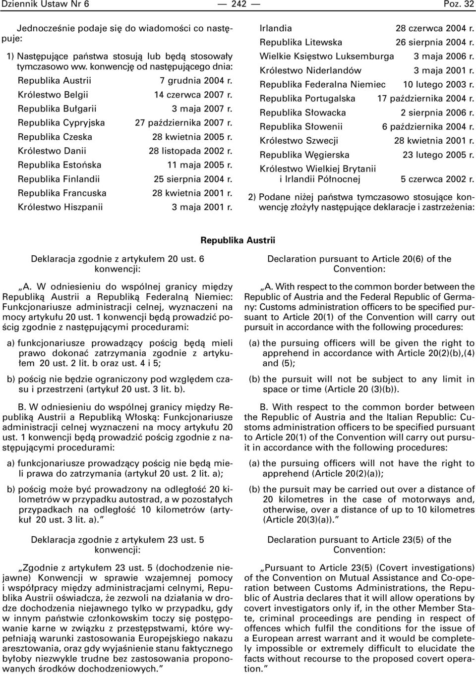 Republika Czeska 28 kwietnia 2005 r. Królestwo Danii 28 listopada 2002 r. Republika Estoƒska 11 maja 2005 r. Republika Finlandii 25 sierpnia 2004 r. Republika Francuska 28 kwietnia 2001 r.
