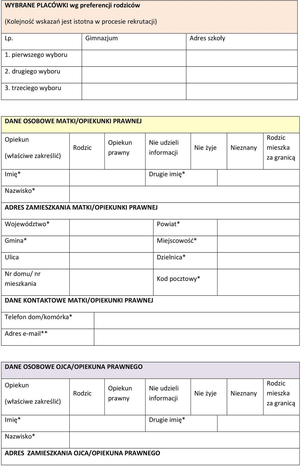 trzeciego wyboru DANE OSOBOWE MATKI/OPIEKUNKI PRAWNEJ (właściwe zakreślić) prawny Nie udzieli informacji Nie żyje Nieznany mieszka za granicą Drugie imię*