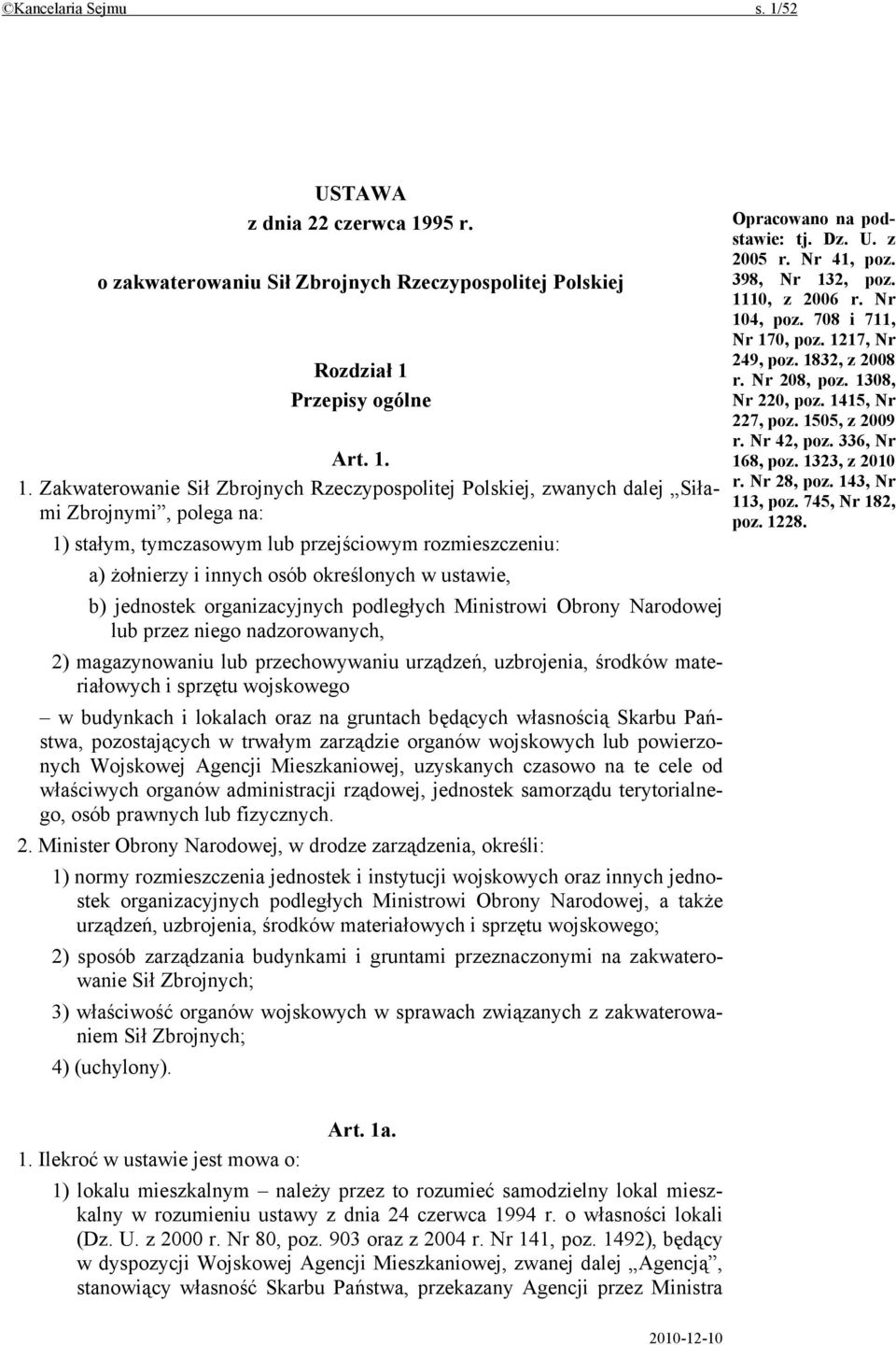 95 r. o zakwaterowaniu Sił Zbrojnych Rzeczypospolitej Polskiej Rozdział 1 