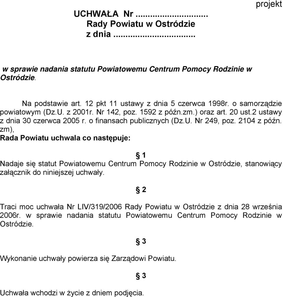 zm), Rada Powiatu uchwala co następuje: 1 Nadaje się statut Powiatowemu Centrum Pomocy Rodzinie w Ostródzie, stanowiący załącznik do niniejszej uchwały.