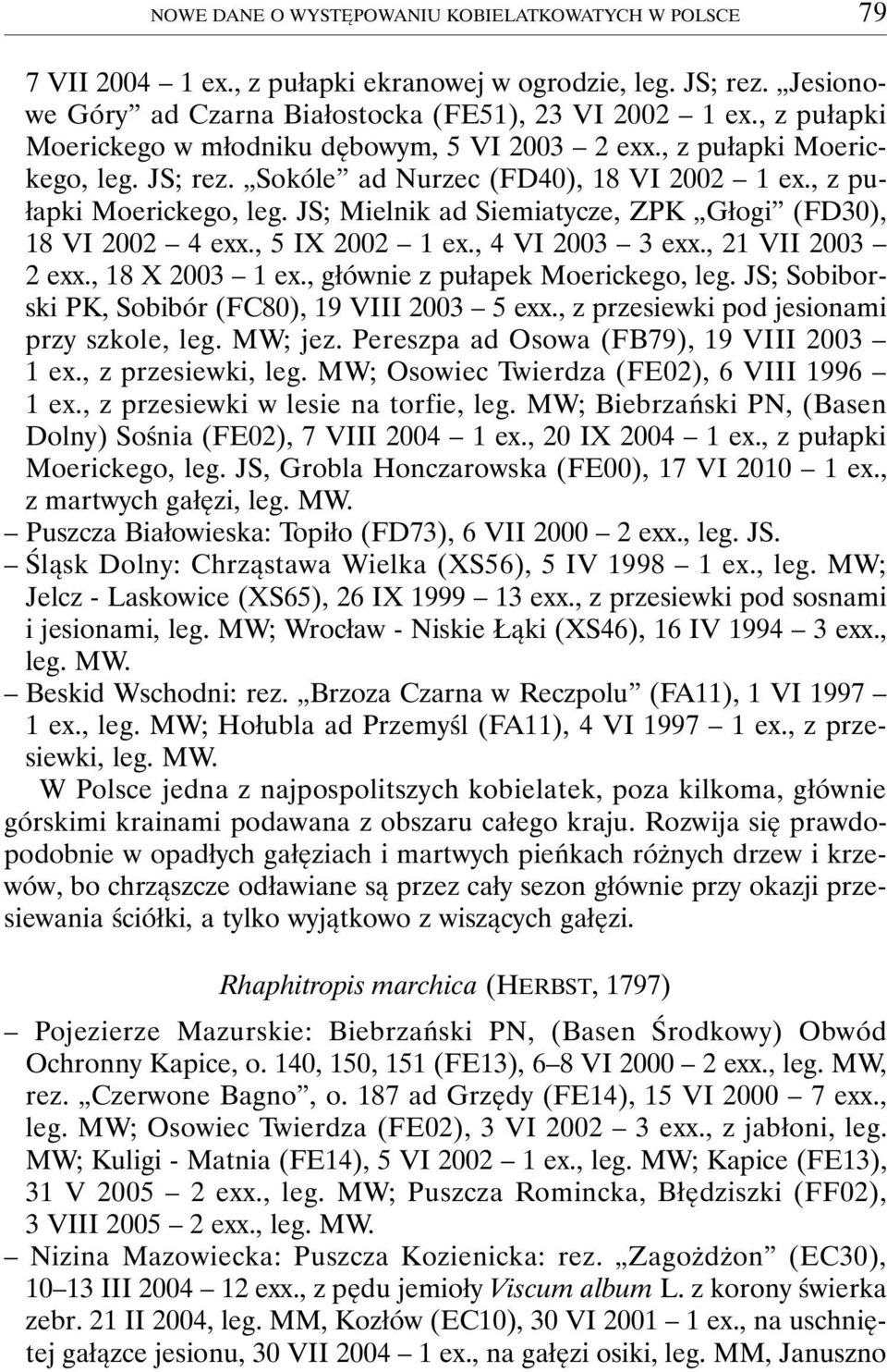, 5 IX 2002 1 ex., 4 VI 2003 3 exx., 21 VII 2003 2 exx., 18 X 2003 1 ex., głównie z pułapek Moerickego, leg. JS; Sobiborski PK, Sobibór (FC80), 19 VIII 2003 5 exx.