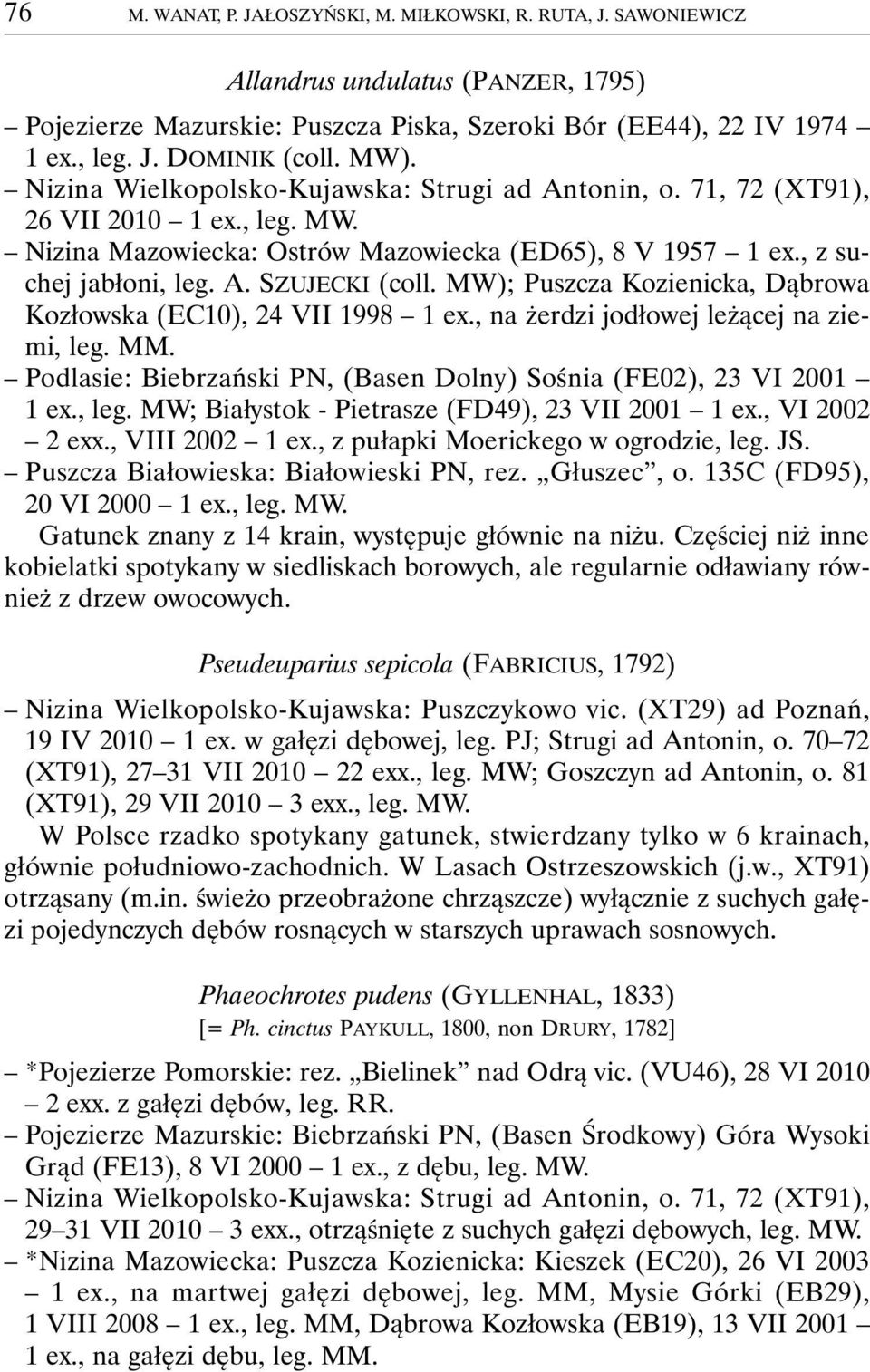 MW); Puszcza Kozienicka, Dąbrowa Kozłowska (EC10), 24 VII 1998 1 ex., na żerdzi jodłowej leżącej na ziemi, leg. MM. Podlasie: Biebrzański PN, (Basen Dolny) Sośnia (FE02), 23 VI 2001 1 ex., leg. MW; Białystok - Pietrasze (FD49), 23 VII 2001 1 ex.