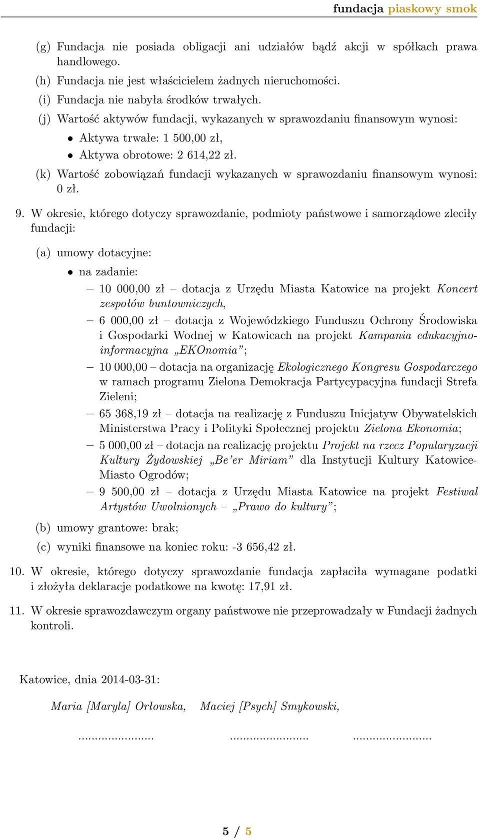 (k) Wartość zobowiązań fundacji wykazanych w sprawozdaniu finansowym wynosi: 0 zł. 9.