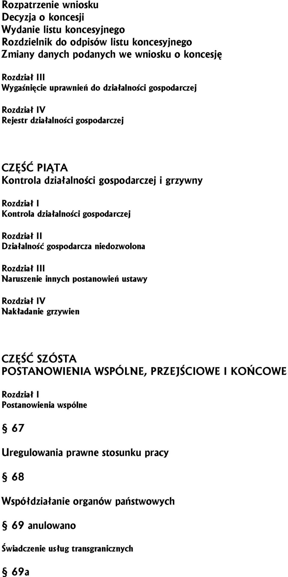 działalności gospodarczej I Działalność gospodarcza niedozwolona II Naruszenie innych postanowień ustawy V Nakładanie grzywien CZĘŚĆ SZÓSTA POSTANOWIENIA