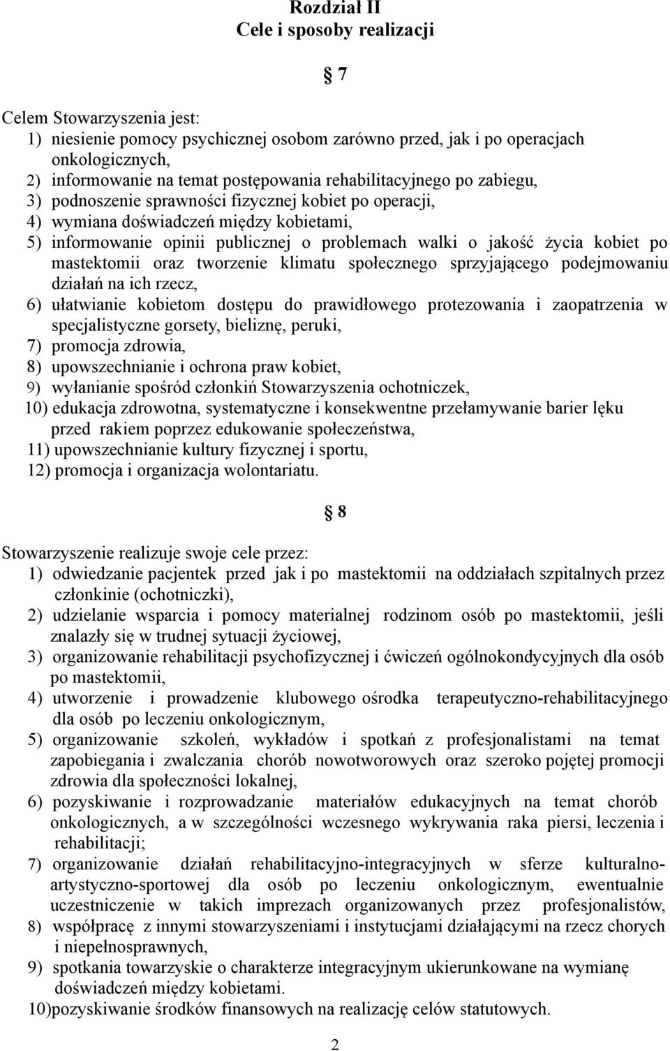kobiet po mastektomii oraz tworzenie klimatu społecznego sprzyjającego podejmowaniu działań na ich rzecz, 6) ułatwianie kobietom dostępu do prawidłowego protezowania i zaopatrzenia w specjalistyczne