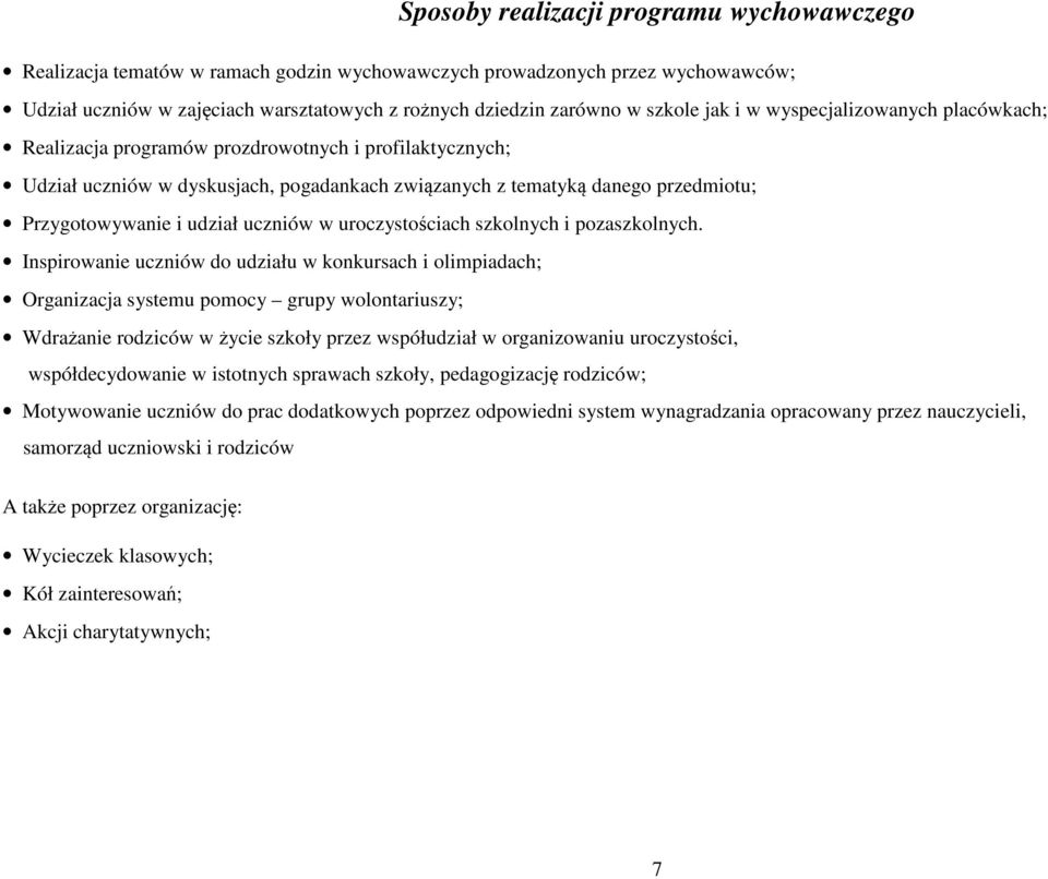udział uczniów w uroczystościach szkolnych i pozaszkolnych.