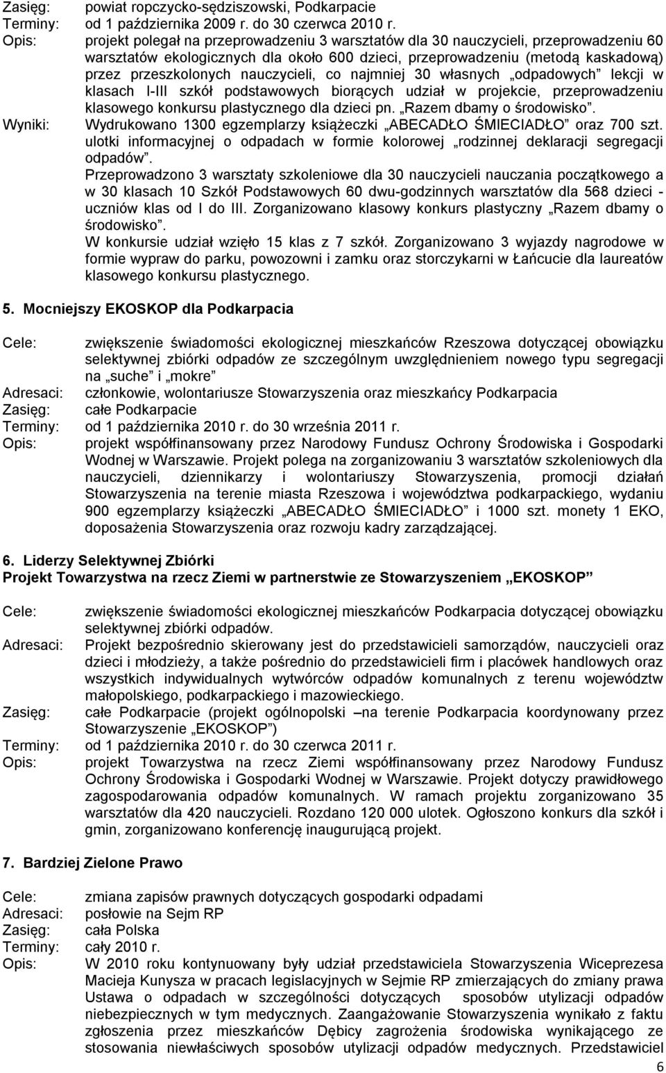 nauczycieli, co najmniej 30 własnych odpadowych lekcji w klasach I-III szkół podstawowych biorących udział w projekcie, przeprowadzeniu klasowego konkursu plastycznego dla dzieci pn.