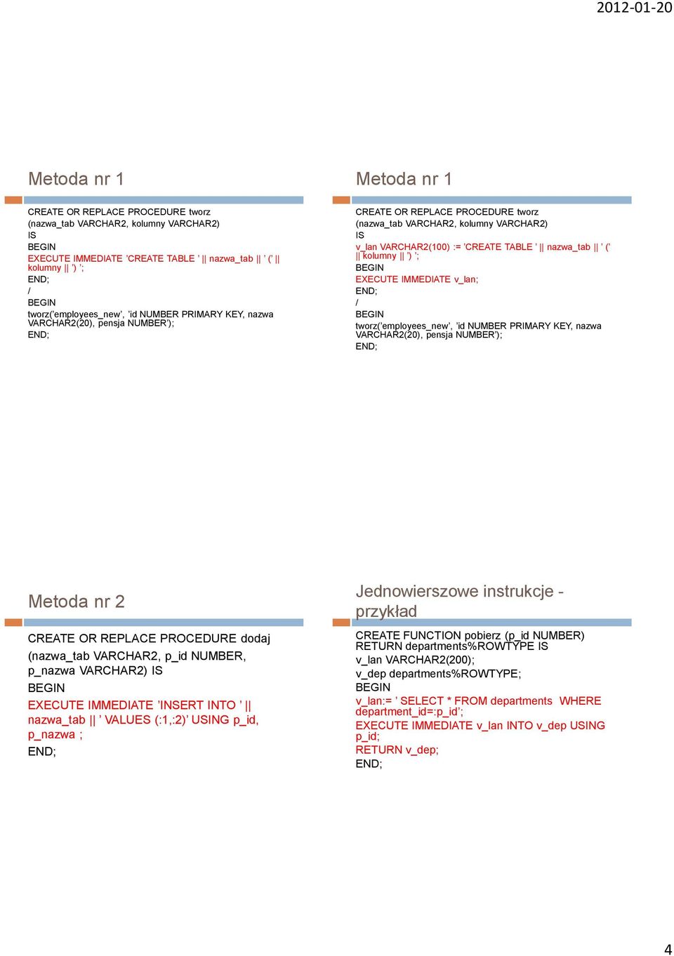 v_lan; / tworz( employees_new, id NUMBER PRIMARY KEY, nazwa VARCHAR2(20), pensja NUMBER ); Metoda nr 2 CREATE OR REPLACE PROCEDURE dodaj (nazwa_tab VARCHAR2, p_id NUMBER, p_nazwa VARCHAR2) IS EXECUTE